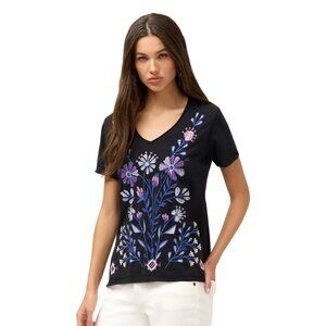 Johnny Was Adina Everyday Tee Cotton Short Black Shirt Floral Embroidery Top NEW